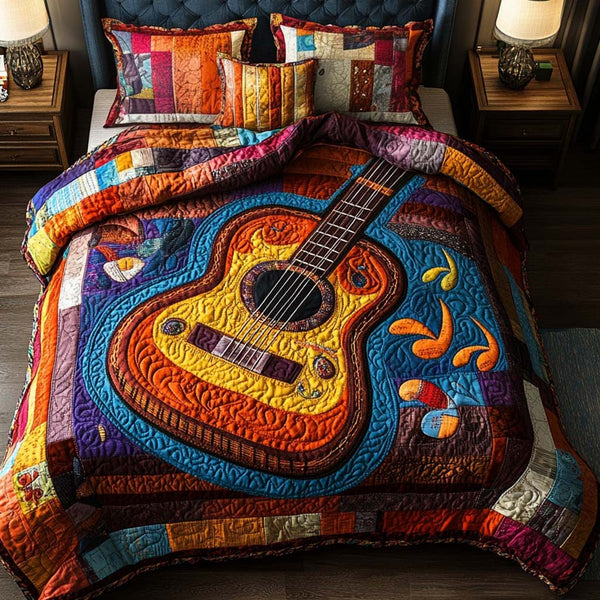 Melody Strings quilted 3-piece bedding set on a made bed with two matching pillow shams