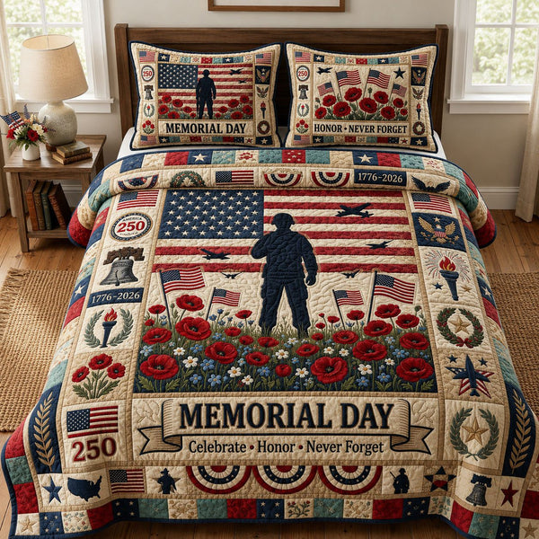 Memorial Day quilted 3-piece bedding set on a made bed with two matching pillow shams