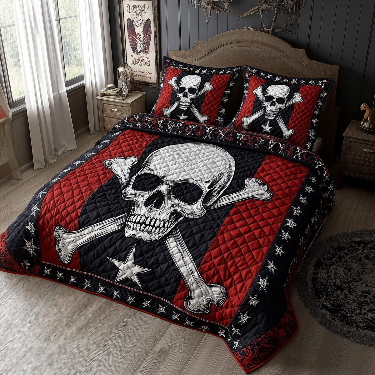 Memorialized Fallen Skull quilted 3-piece bedding set on a made bed against a dark styled interior