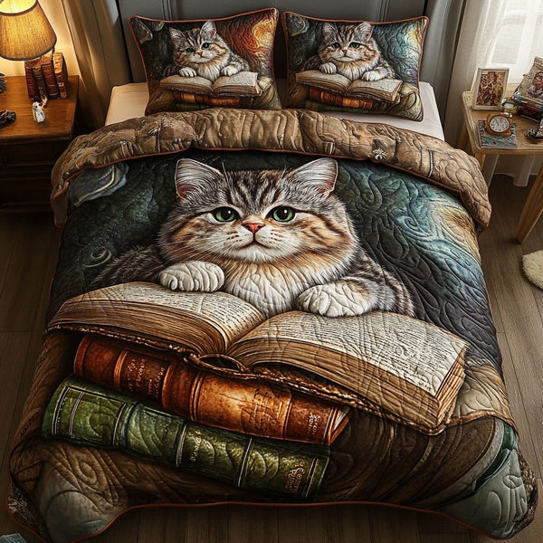 Meow and Manuscripts quilted 3-piece bedding set on a made bed with two matching pillow shams