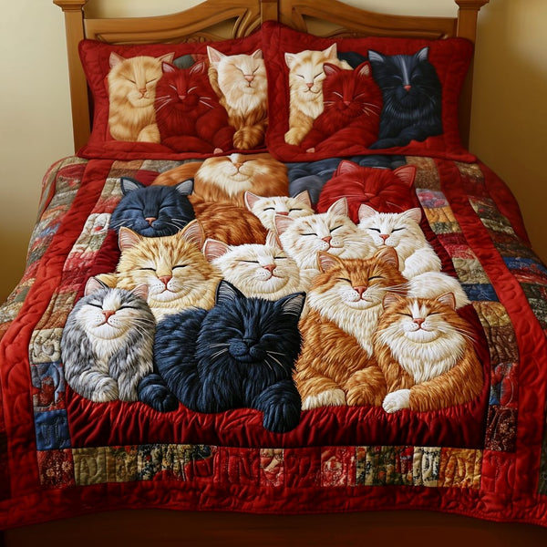 Meow Dream quilted 3-piece bedding set on a made bed with two matching pillow shams