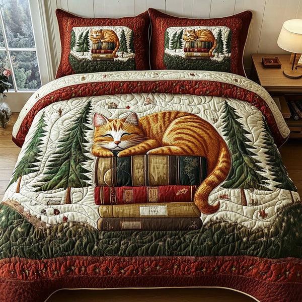 Meow Magic quilted 3-piece bedding set on a made bed with two matching pillow shams