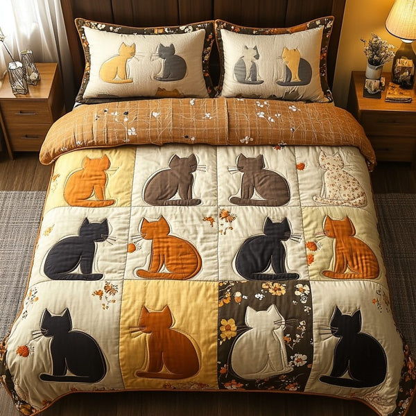 Meow Magic quilted 3-piece bedding set on a made bed with two matching pillow shams