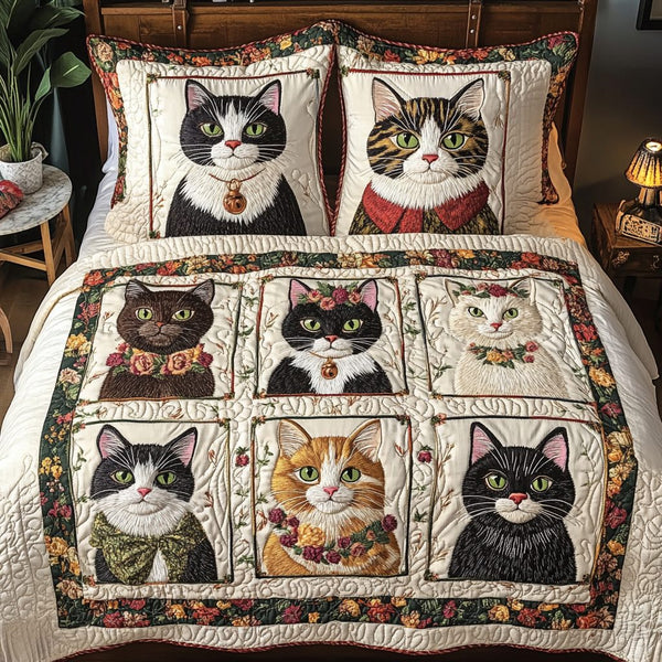 Meow Magic quilted 3-piece bedding set on a made bed with two matching pillow shams