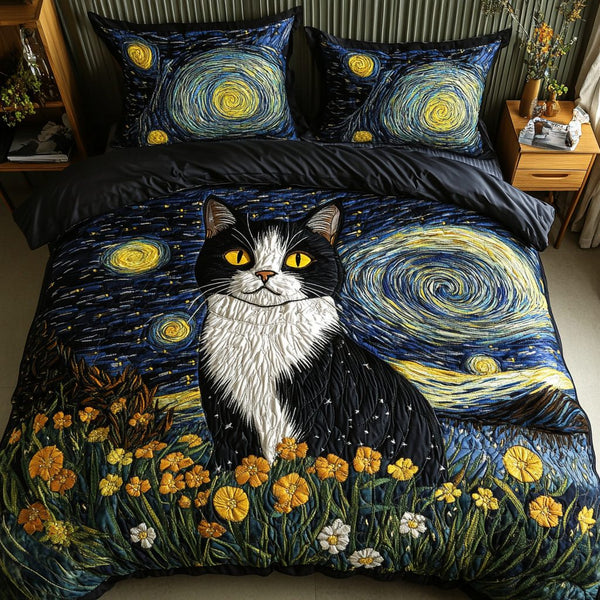 Meow Moments quilted 3-piece bedding set on a made bed with two matching pillow shams