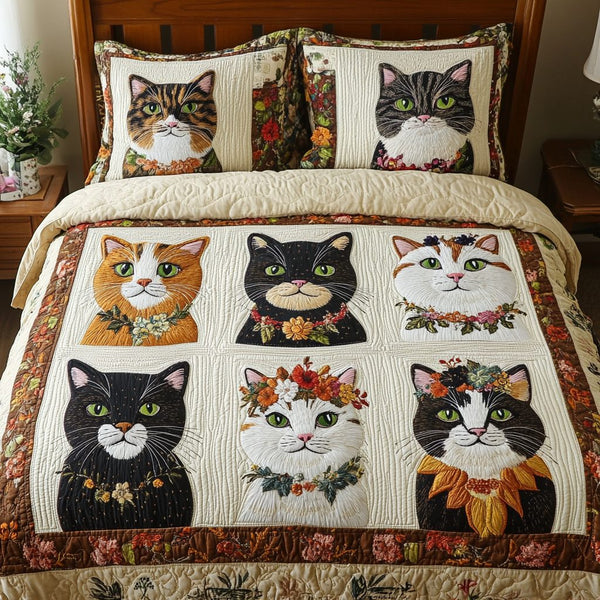Meow Nest quilted 3-piece bedding set on a made bed with two matching pillow shams