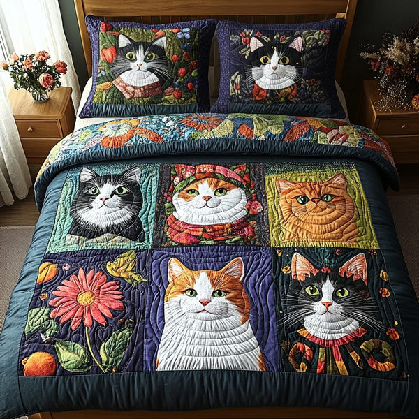 Meowgical Garden quilted 3-piece bedding set on a made bed with two matching pillow shams