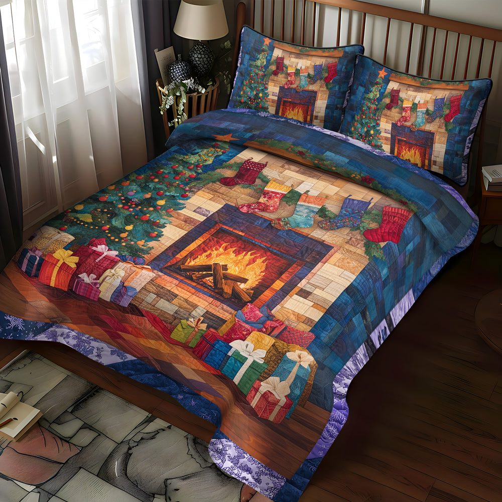 Meowy Christmas Joy quilted 3-piece bedding set on a made bed in a winter-styled bedroom
