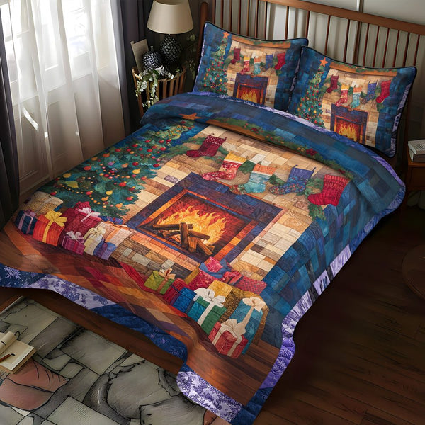 Meowy Christmas Joy quilted 3-piece bedding set on a made bed in a winter-styled bedroom