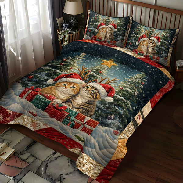 Meowy Festive quilted 3-piece bedding set on a made bed in a winter-styled bedroom