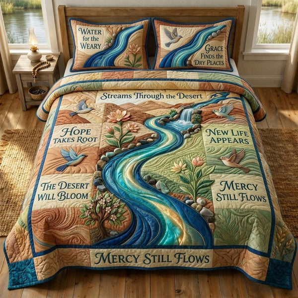 Mercy Streams quilted 3-piece bedding set on a made bed with two matching pillow shams