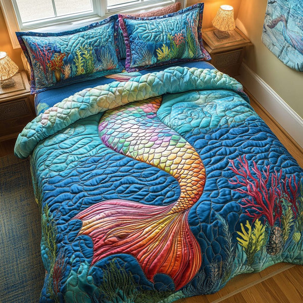 Mermaid Hideaway quilted 3-piece bedding set on a made bed in a light coastal bedroom