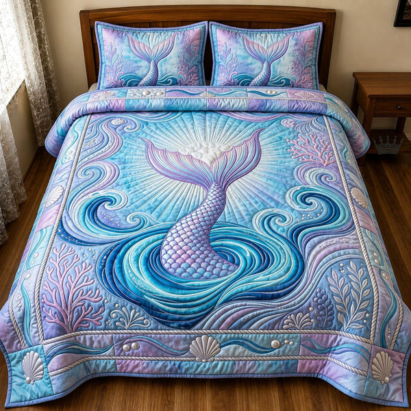 Mermaid Tail quilted 3-piece bedding set on a made bed in a light coastal bedroom