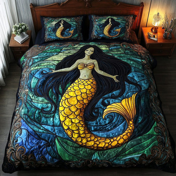Mermaid Voyage quilted 3-piece bedding set on a made bed in a light coastal bedroom