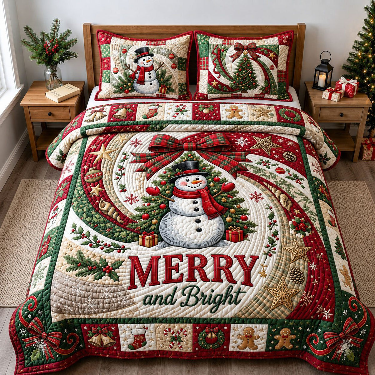 Merry and Bright quilted 3-piece bedding set on a made bed in a winter-styled bedroom