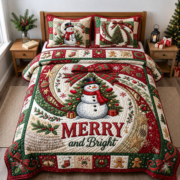Merry and Bright quilted 3-piece bedding set on a made bed in a winter-styled bedroom