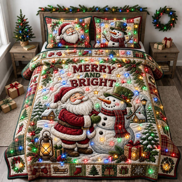 Merry and Bright quilted 3-piece bedding set on a made bed in a winter-styled bedroom