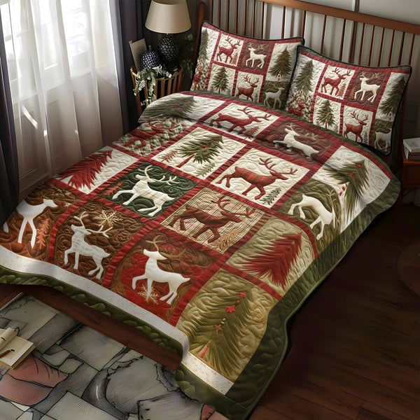 Merry and Bright quilted 3-piece bedding set on a made bed in a winter-styled bedroom