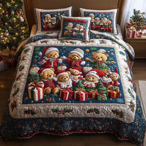 Merry Bears quilted 3-piece bedding set on a made bed in a winter-styled bedroom