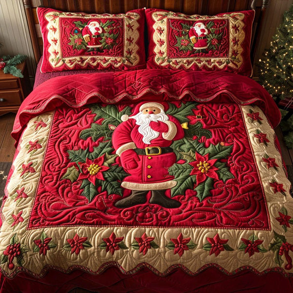 Merry Blossom quilted 3-piece bedding set on a made bed in a winter-styled bedroom