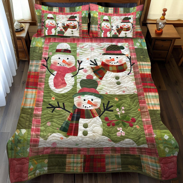 Merry & Bright quilted 3-piece bedding set on a made bed in a winter-styled bedroom
