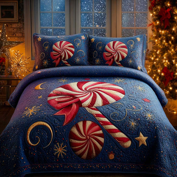 Merry Bright Ribbon quilted 3-piece bedding set on a made bed in a winter-styled bedroom