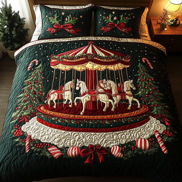 Merry Carousel Nights quilted 3-piece bedding set on a made bed in a winter-styled bedroom