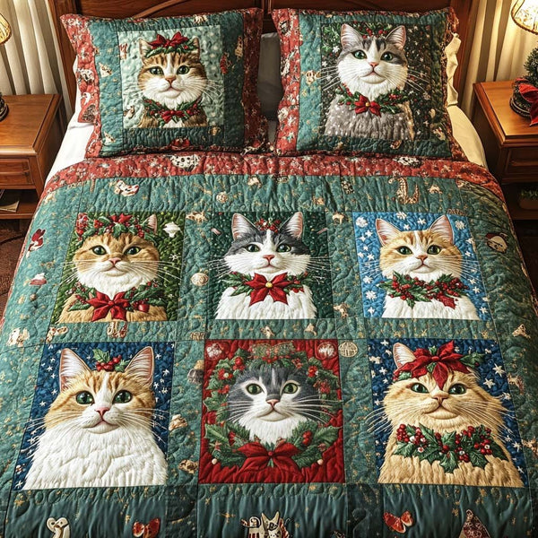 Merry Cat Spirits quilted 3-piece bedding set on a made bed in a winter-styled bedroom