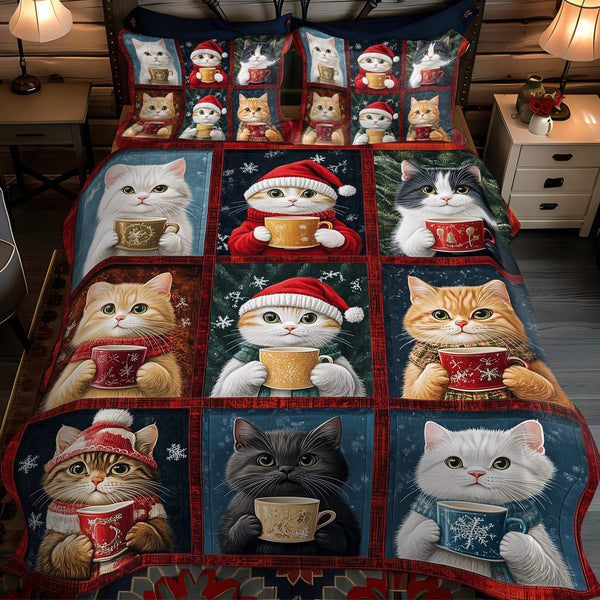 Merry Catmas quilted 3-piece bedding set on a made bed in a winter-styled bedroom