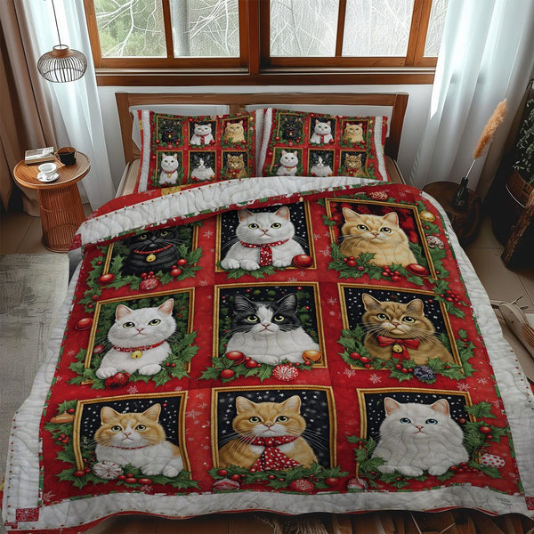 Merry Catmas quilted 3-piece bedding set on a made bed in a winter-styled bedroom