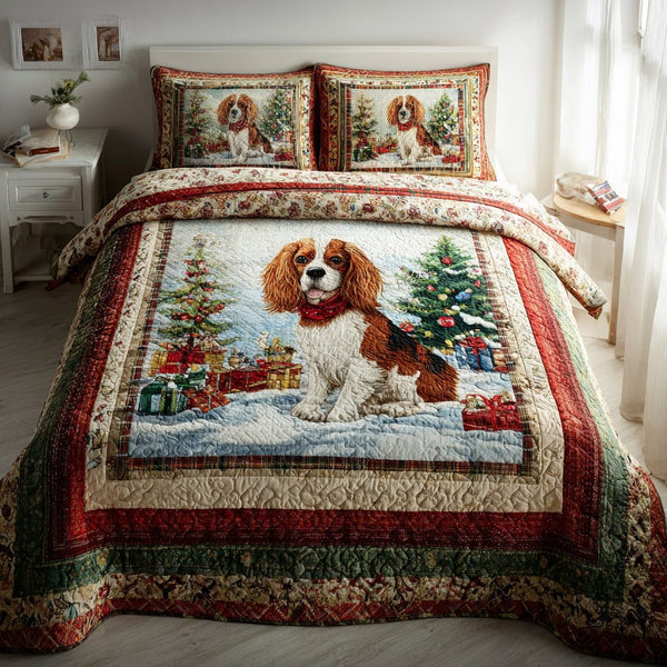 Merry Charles Spirit quilted 3-piece bedding set on a made bed in a winter-styled bedroom