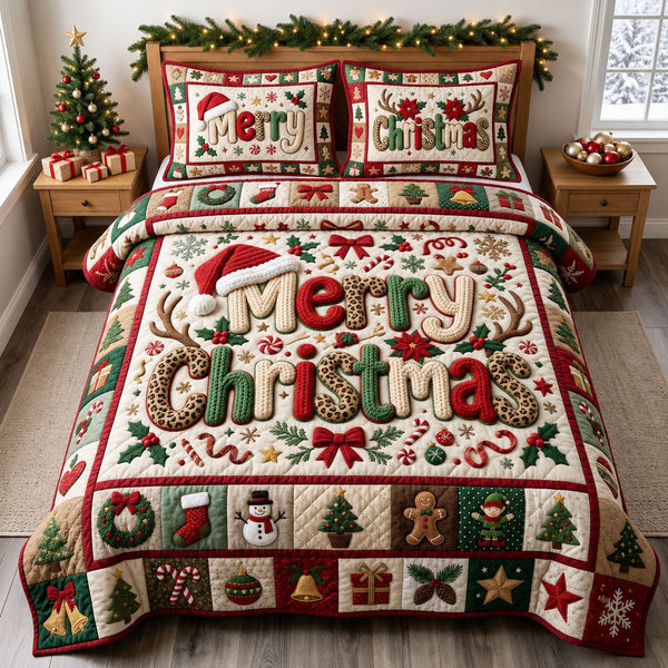 Merry Christmas Crochet quilted 3-piece bedding set on a made bed in a winter-styled bedroom