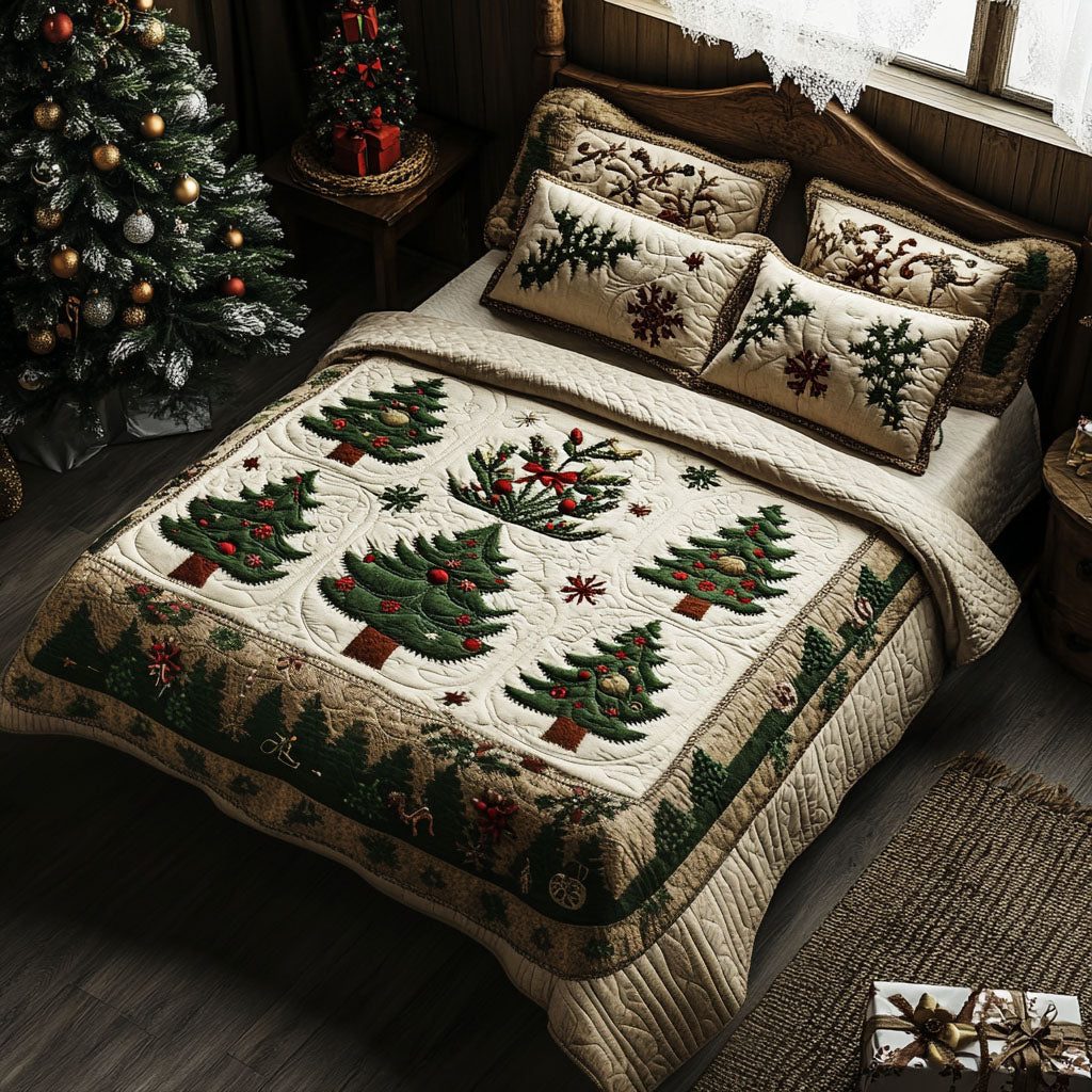 Merry Christmas Journey quilted 3-piece bedding set on a made bed in a winter-styled bedroom