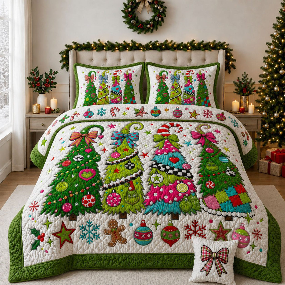 Merry Christmas quilted 3-piece bedding set on a made bed in a winter-styled bedroom
