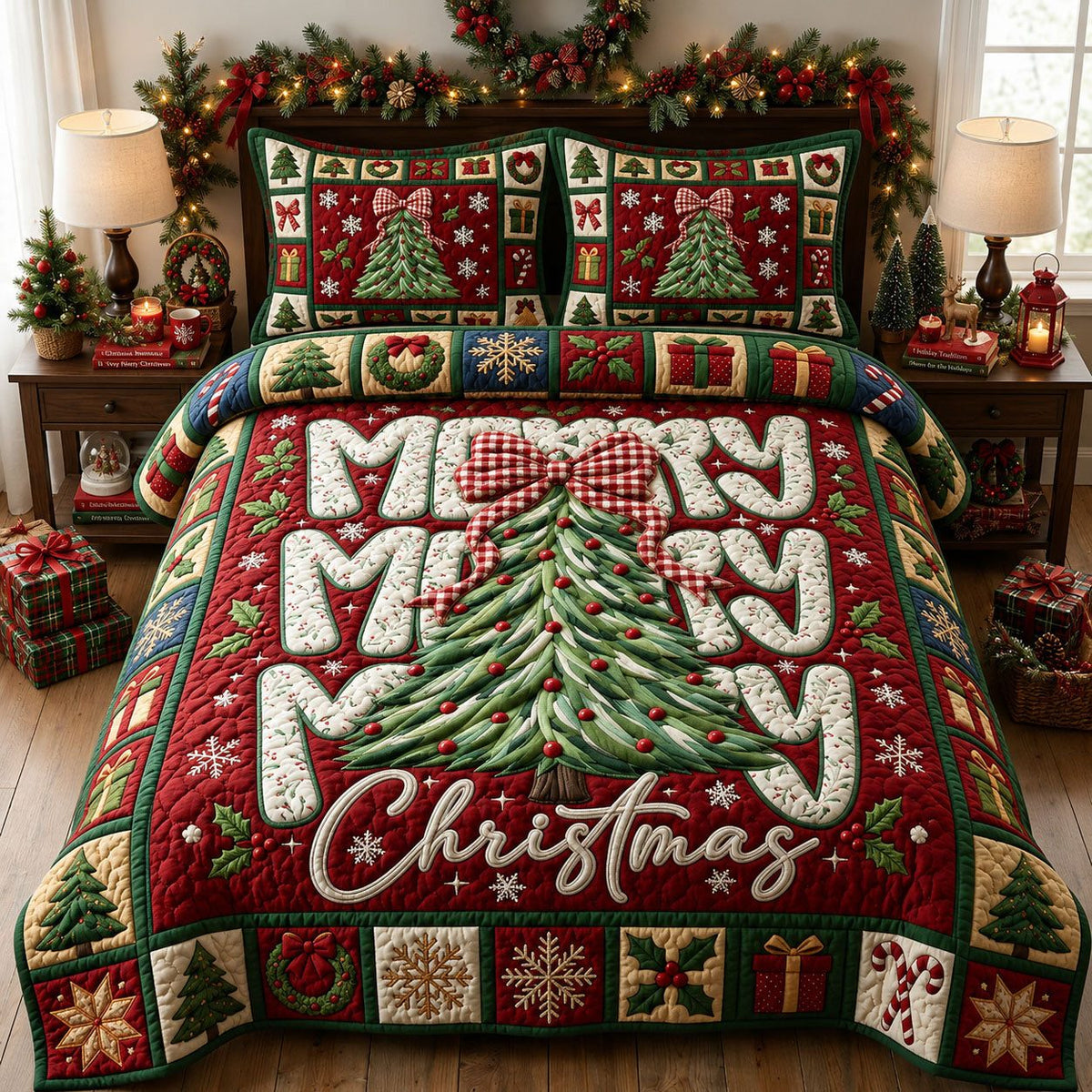 Merry Christmas quilted 3-piece bedding set on a made bed in a winter-styled bedroom