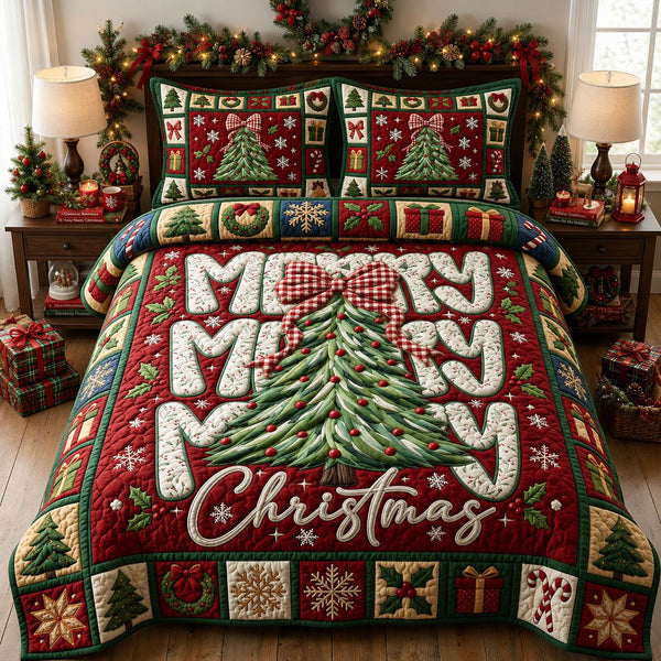 Merry Christmas quilted 3-piece bedding set on a made bed in a winter-styled bedroom