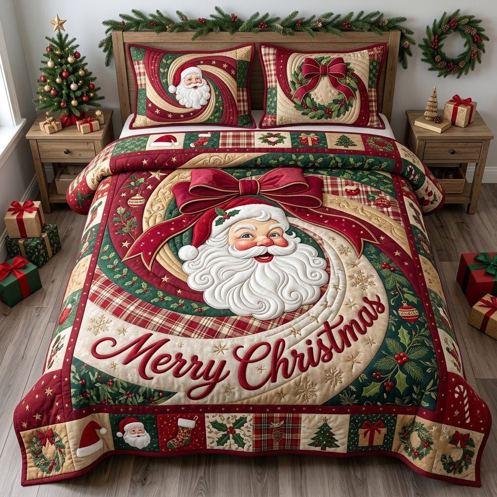Merry Christmas quilted 3-piece bedding set on a made bed in a winter-styled bedroom