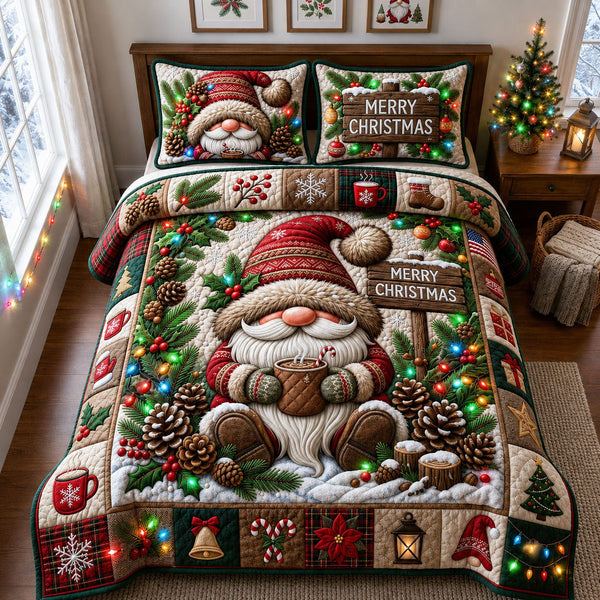 Merry Christmas quilted 3-piece bedding set on a made bed in a winter-styled bedroom