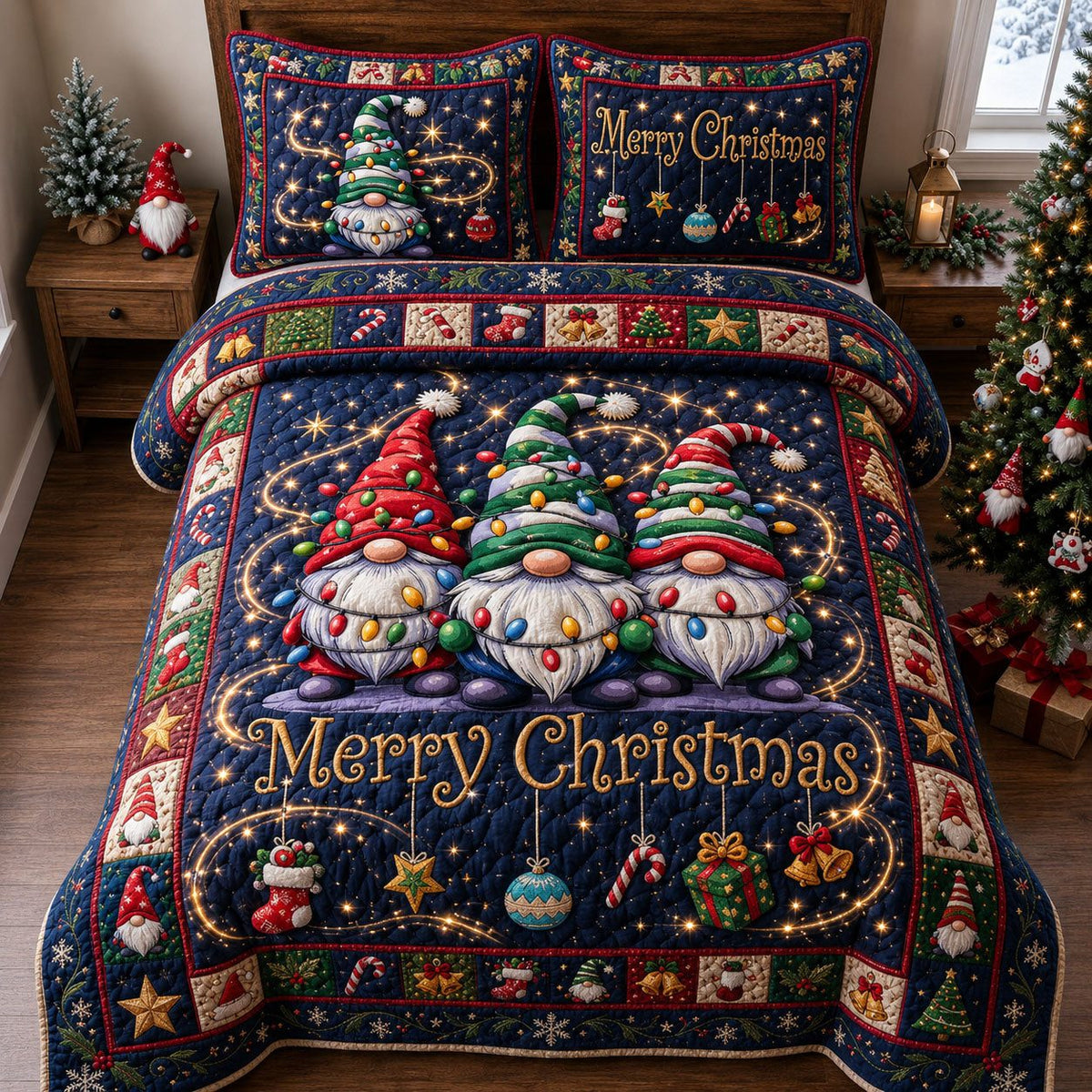 Merry Christmas quilted 3-piece bedding set on a made bed in a winter-styled bedroom