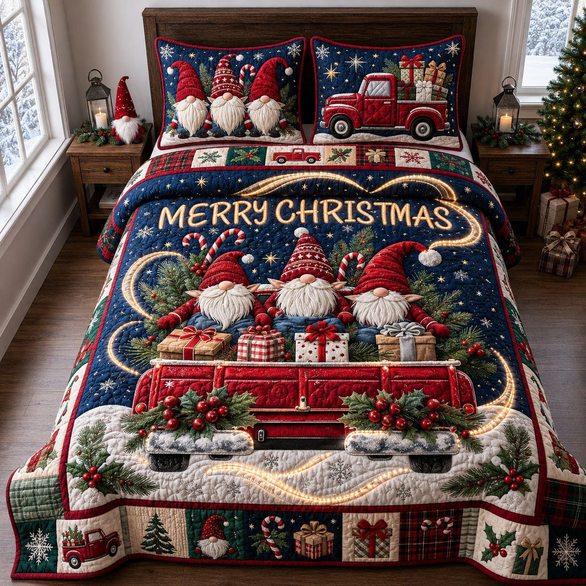 Merry Christmas quilted 3-piece bedding set on a made bed in a winter-styled bedroom