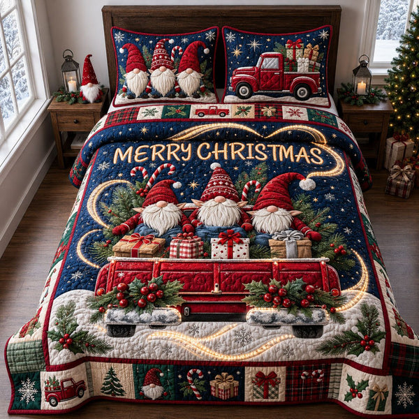 Merry Christmas quilted 3-piece bedding set on a made bed in a winter-styled bedroom