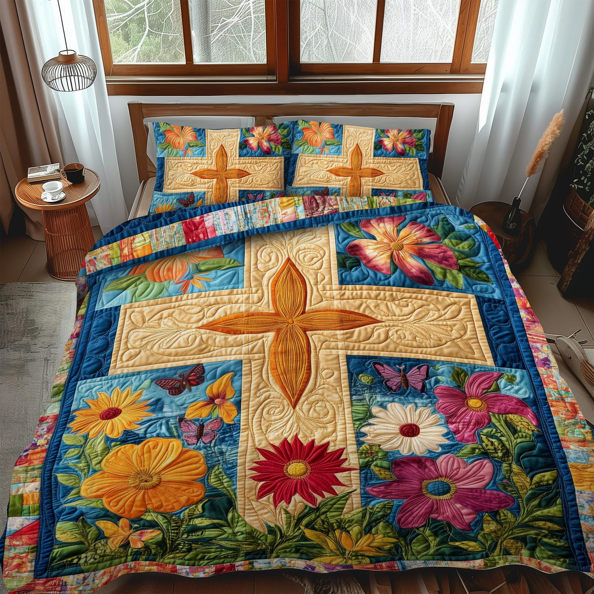 Merry Cross quilted 3-piece bedding set on a made bed in a winter-styled bedroom