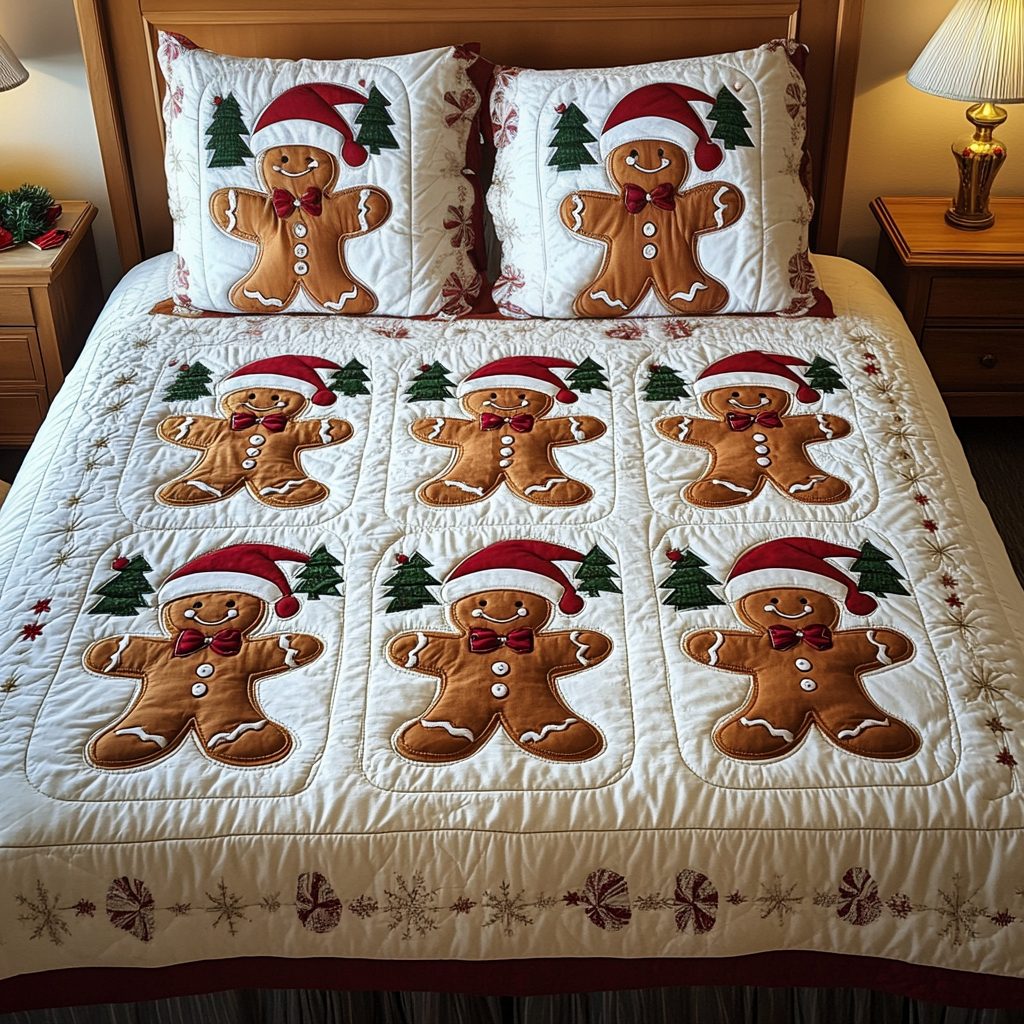 Merry Crumble quilted 3-piece bedding set on a made bed in a winter-styled bedroom