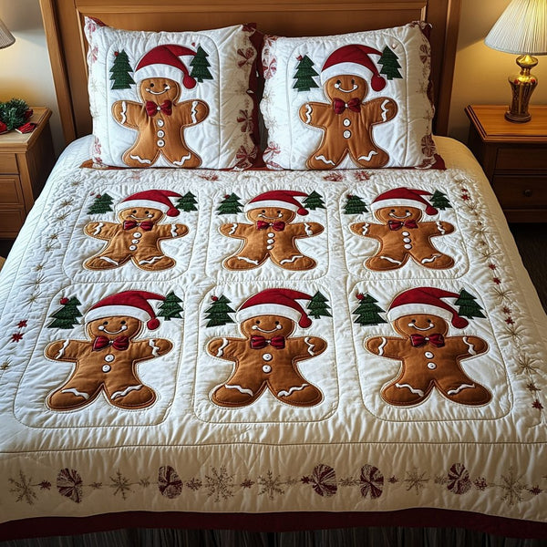 Merry Crumble quilted 3-piece bedding set on a made bed in a winter-styled bedroom