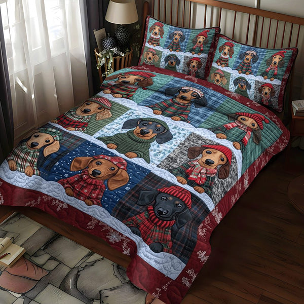 Merry Dachmas quilted 3-piece bedding set on a made bed in a winter-styled bedroom