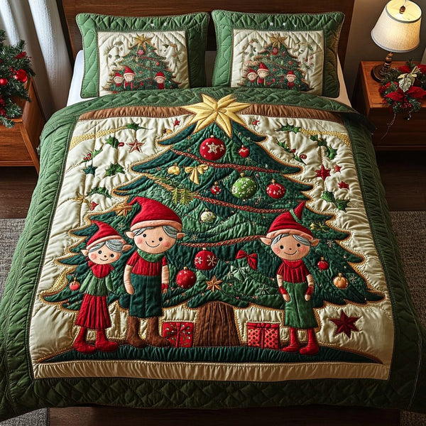 Merry Elf quilted 3-piece bedding set on a made bed in a winter-styled bedroom