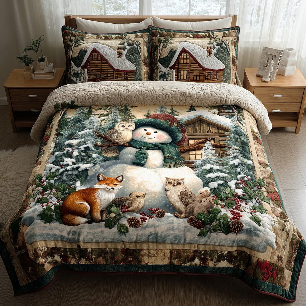 Merry Frost Field quilted 3-piece bedding set on a made bed in a winter-styled bedroom
