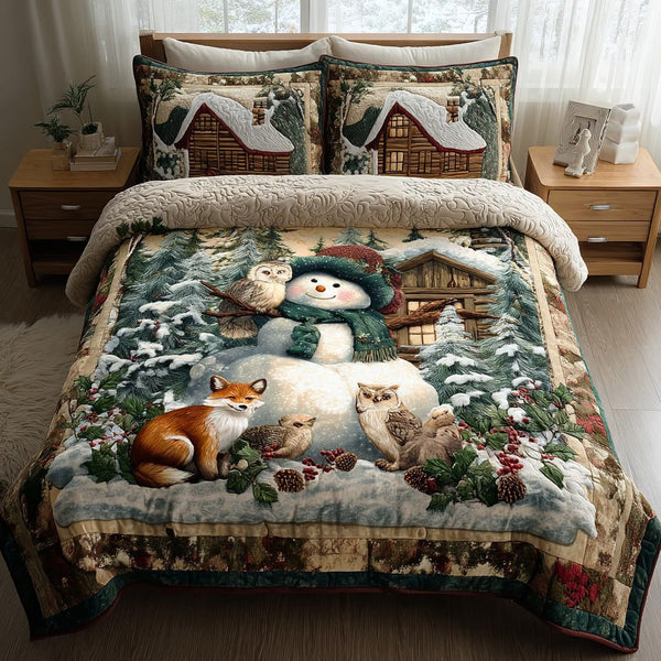 Merry Frost Field quilted 3-piece bedding set on a made bed in a winter-styled bedroom