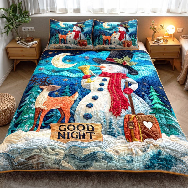 Merry Frost Night quilted 3-piece bedding set on a made bed in a winter-styled bedroom