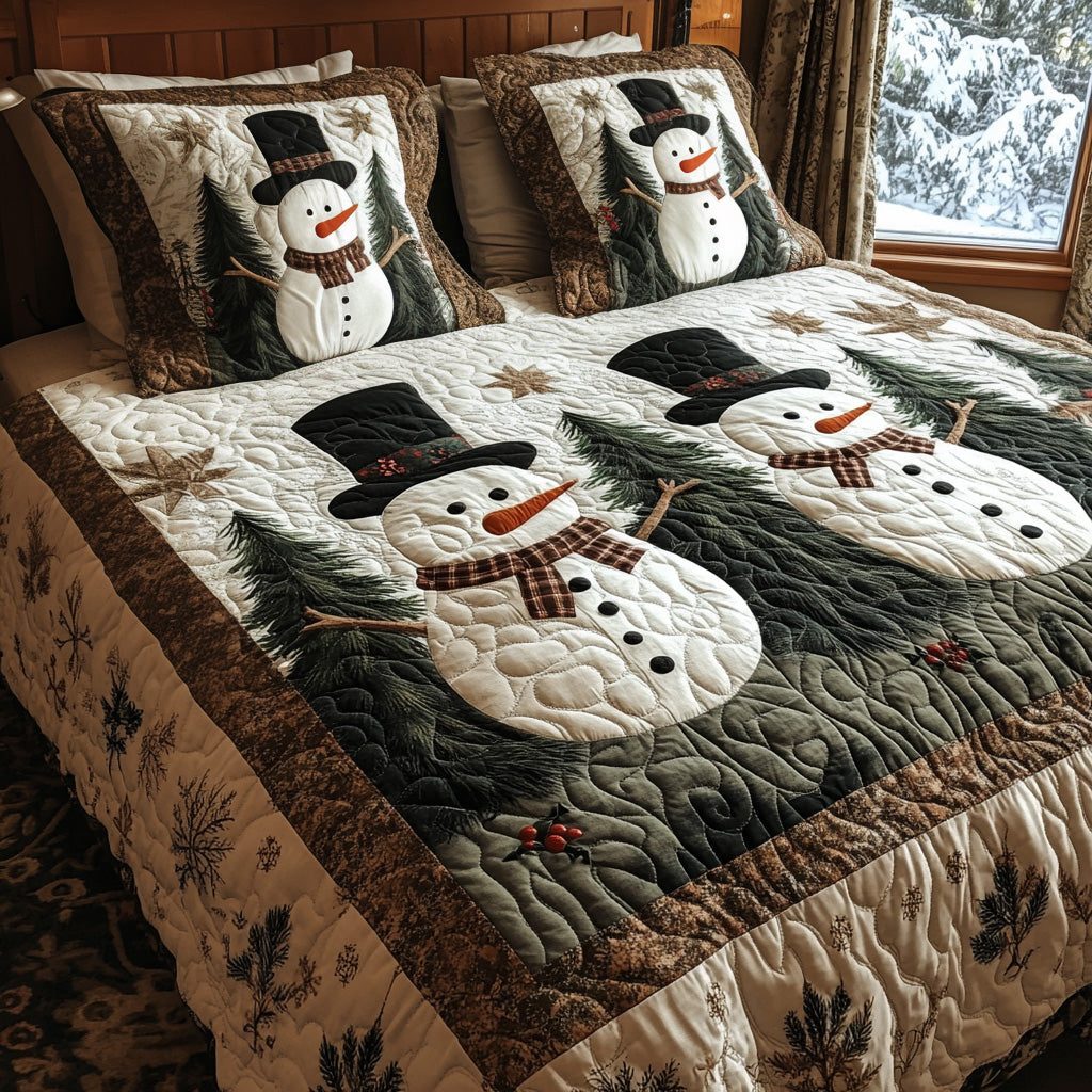 Merry Frost quilted 3-piece bedding set on a made bed in a winter-styled bedroom